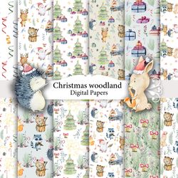 Christmas woodland animals, seamless patterns.