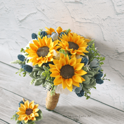 Sunflower bridal bouquet , Yellow wedding bouquet , Dusty blue bride bouquet , Succulent bouquet , fake flower bouquet