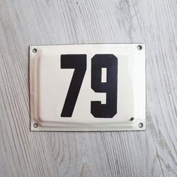 Small house address number plaque 79 - Old Soviet enamel metal wall number plate white black