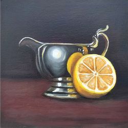 Lemon Painting, Original Art, Fruit Painting, Food Artwork, Kitchen Small Painting, 7.9 by 7.9 in
