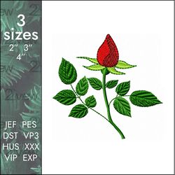 Rose Embroidery design, red romantic flower bud, 3 sizes