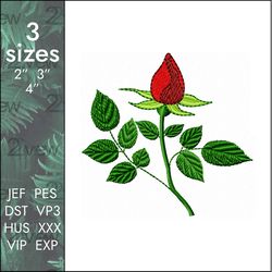 rose embroidery design, red romantic flower bud, 3 sizes