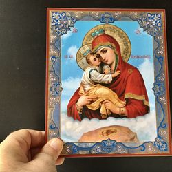 The Mother of God of Pochaev | Gold foiled icon | Inspirational Icon Decor| Size: 8 3/4"x7 1/4"