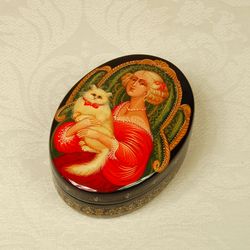 Lady with a cat lacquer box unique hand painted collectible gift