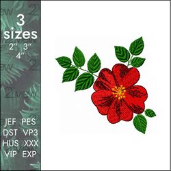 Red flower Embroidery design, romantic red plant, 3 sizes