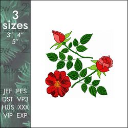 roses embroidery design, romantic red rose flowers , 3 sizes
