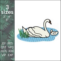Swan Embroidery Design, white birds on the lake, 3 sizes