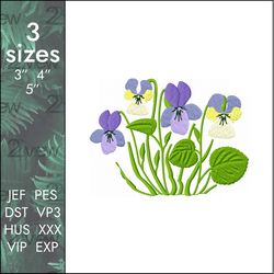 Viola flower Embroidery Design, plant green leaf flowers, 3 sizes