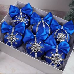 Christmas rhinestones ornaments, Handmade balls, Xmas decorations, Tree decor set, blue silver baubles