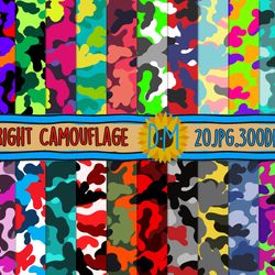 bright camouflage digital paper set, 20 seamless patterns for scrapbooking and crafting