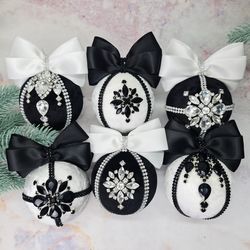 Christmas rhinestones ornaments, Handmade balls, Xmas decorations, Tree decor set, Black and White baubles