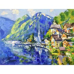 Austrian Alps Painting Mountain Village Original Art Hallstatt Nature Summer Landscape Canvas Artwork Impressionism