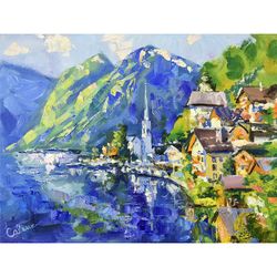 austrian alps painting mountain village original art hallstatt nature summer landscape canvas artwork impressionism