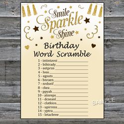 Sparkle and shine Birthday Word Scramble Game,Adult Birthday party game-fun games for her-Instant download