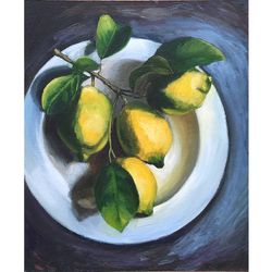 lemon painting, original art, fruit painting, food artwork, kitchen small painting, 10 by 12 in