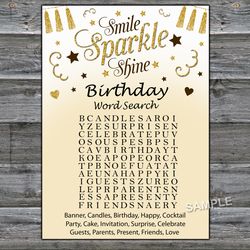 Sparkle and shine Birthday Word Search Game,Adult Birthday party game-fun games for her-Instant download