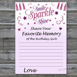Pink glitter Favorite Memory of the Birthday Girl,Adult Birthday party game-fun games for her-Instant download