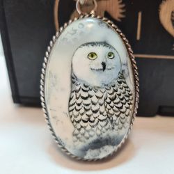 Owl necklace Miniature painting on Dendritic Agate Stone Dendritic opal White