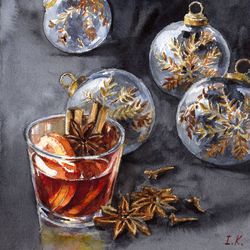Mulled wine, christmas balls, anise and cinnamon. Original watercolor painting 8x8''