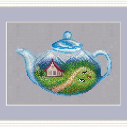 SPRING IN A TEAPOT Cross stitch pattern PDF from SEASONS IN TEAPOTS  SERIES by CrossStitchingForFun, Instant Download
