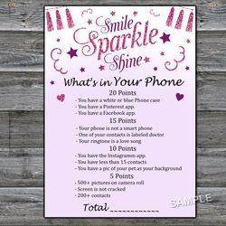 Pink glitter What's in Your Phone Birthday Party Game,Adult Birthday party game-fun games for her-Instant download