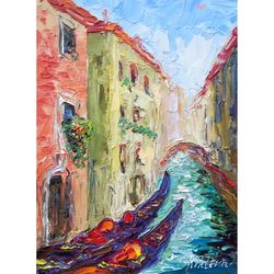 Venice Painting Italy Cityscape Original Artwork Venice Canal and Gondolas Small Oil Painting by 8x6 inch by Kiklevich