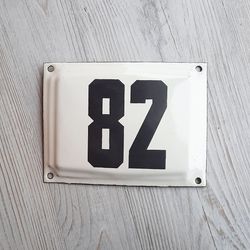 small house address number plaque 82 - soviet enamel metal wall number plate white black