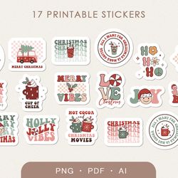17 Groovy Christmas Stickers, Printable Digital Stickers