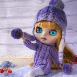 Set of clothes for doll: purple sweater and ear-flapped, Blythe clothes