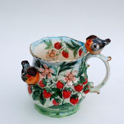 Birds and berries Art mug Raspberry cup Love birds figurine colorful Sculpture mug Beautiful scenic handmade cup