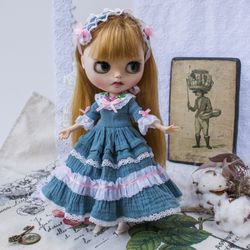 Blue victorian dress for Blythe, boho clothes for Blythe, cotton dress with embroidery