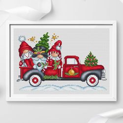 Christmas Gnomes truck cross stitch pattern PDF, gnomes cross stitch, christmas red truck, christmas cross stitch