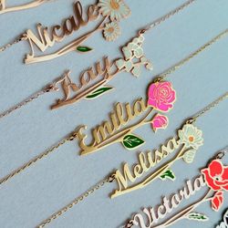 Personalized Birth Flower Necklace Custom Name Necklace Floral Name Necklace Custom Name Jewelry, Birthday Gifts