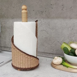 Rustic paper towel holder with wooden tip. Storage and decor on the countertop