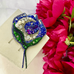 Beaded Flower Brooch, Handmade Embroidered Accessory, Pin Blossom in Blue Color with Half-moon Crescent, Moon Brooch