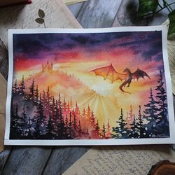 Dragon art sunset Fantasy watercolor painting, ORIGINAL watercolor