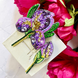 Iris Set of Beaded Brooches, Handmade Embroidered Accessory, Pin Flower of Purpel and Golden Colors, Flower Brooch