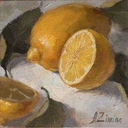Lemon oil painting, small oil painting still life, original oil painting, painting for kitchen