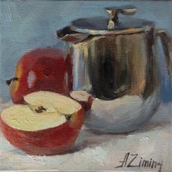 Red apple oil painting, fruit painting, small oil painting still life, original oil painting for kitchen, mini painting