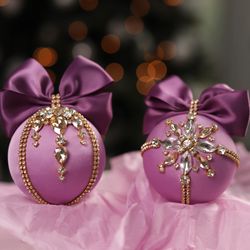 Christmas rhinestones ornaments, Handmade balls, Xmas decorations, Tree decor set, lilac baubles