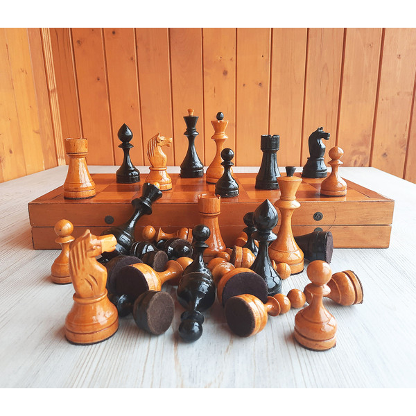 old wooden soviet chess set 1950s
