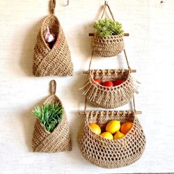 Handmade Hanging Fruit Basket Kitchen Storage Set 5 Boho RV decor Farm Style Eco friendly reusable Home Decor Save space
