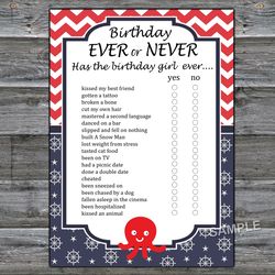 Octopus Birthday ever or never game,Adult Birthday party game-fun games for her-Instant download