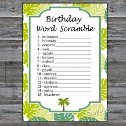 Jungle themed Birthday Word Scramble Game,Tropical Adult Birthday party game-fun games for her-Instant download