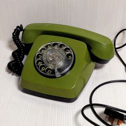 Soviet Vintage Disk Phone. Desk Rotary phone. Green Russian phone