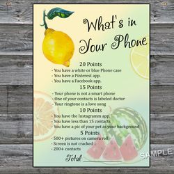 Lemon What's in Your Phone Birthday Party Game,Adult Birthday party game-fun games for her-Instant download