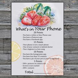 Strawberry What's in Your Phone Birthday Party Game,Adult Birthday party game-fun games for her-Instant download