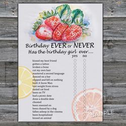 Strawberry Birthday ever or never game,Adult Birthday party game-fun games for her-Instant download