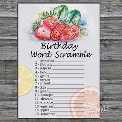 Strawberry Birthday Word Scramble Game,Adult Birthday party game-fun games for her-Instant download