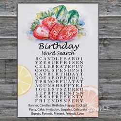 Strawberry Birthday Word Search Game,Adult Birthday party game-fun games for her-Instant download